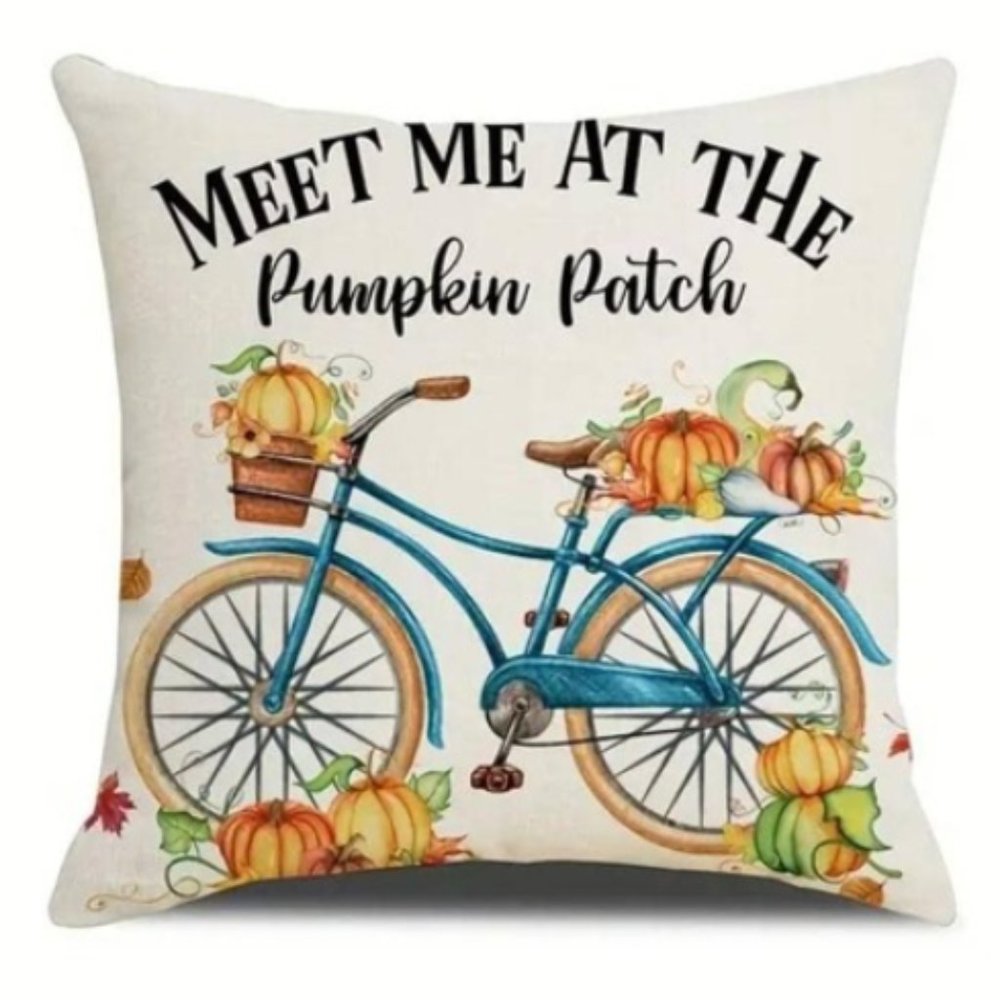 NEW LINEN "MEET ME AT THE PUMPKIN PATCH" VINTAGE BICYCLE PILLOW COVER 17.7"